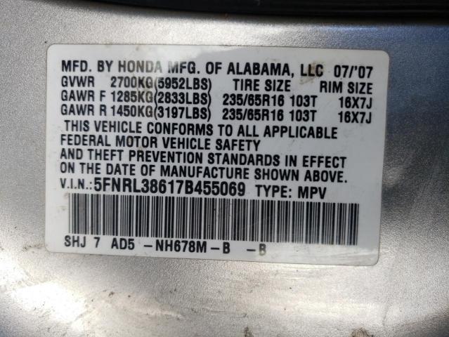 5FNRL38617B455069 - 2007 HONDA ODYSSEY EXL SILVER photo 13