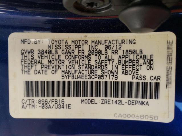 5YFBU4EE3CP057179 - 2012 TOYOTA COROLLA BASE BLUE photo 13