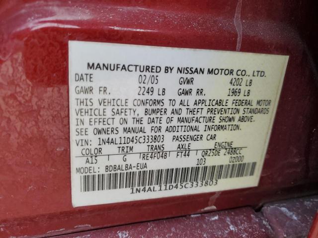 1N4AL11D45C333803 - 2005 NISSAN ALTIMA S RED photo 12