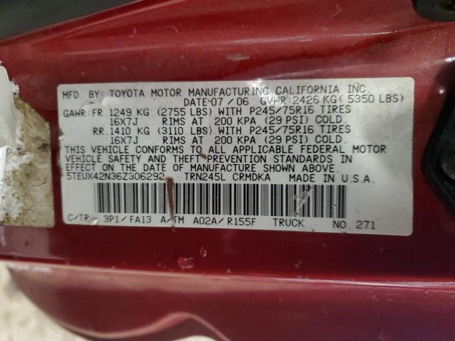5TEUX42N36Z306292 - 2006 TOYOTA TACOMA ACCESS CAB RED photo 12