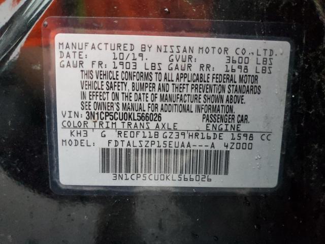 3N1CP5CU0KL566026 - 2019 NISSAN KICKS S BLACK photo 12