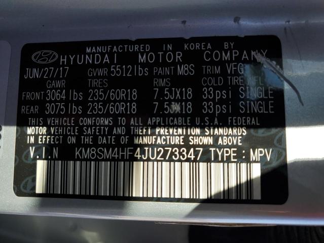 KM8SM4HF4JU273347 - 2018 HYUNDAI SANTA FE SE SILVER photo 12