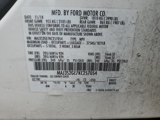 MAJ3S2GE7KC257054 - 2019 FORD ECOSPORT SE WHITE photo 12