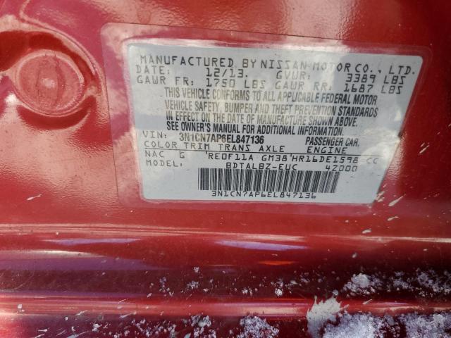 3N1CN7AP6EL847136 - 2014 NISSAN VERSA S RED photo 12