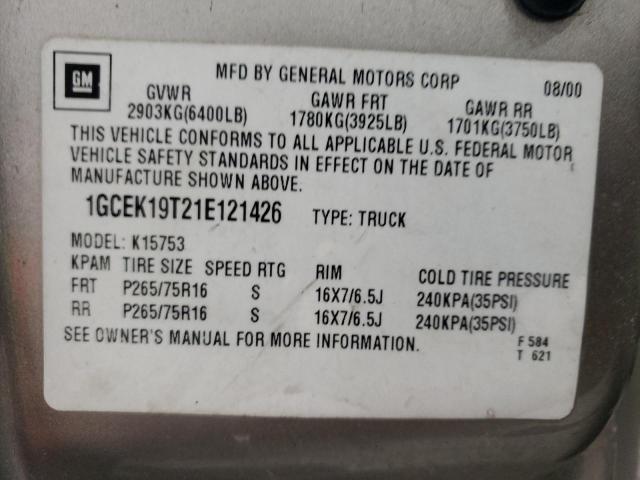 1GCEK19T21E121426 - 2001 CHEVROLET SILVERADO K1500 SILVER photo 13