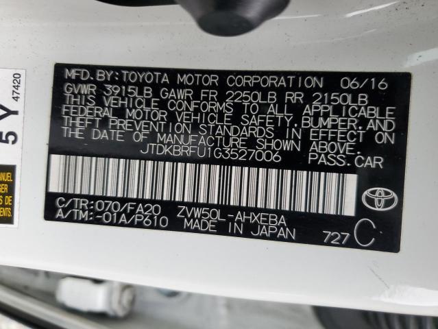 JTDKBRFU1G3527006 - 2016 TOYOTA PRIUS WHITE photo 13