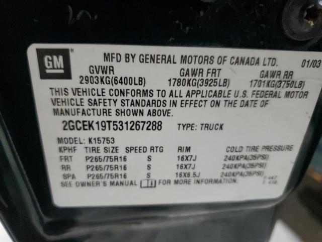 2GCEK19T531267288 - 2003 CHEVROLET SILVERADO K1500 BLACK photo 12