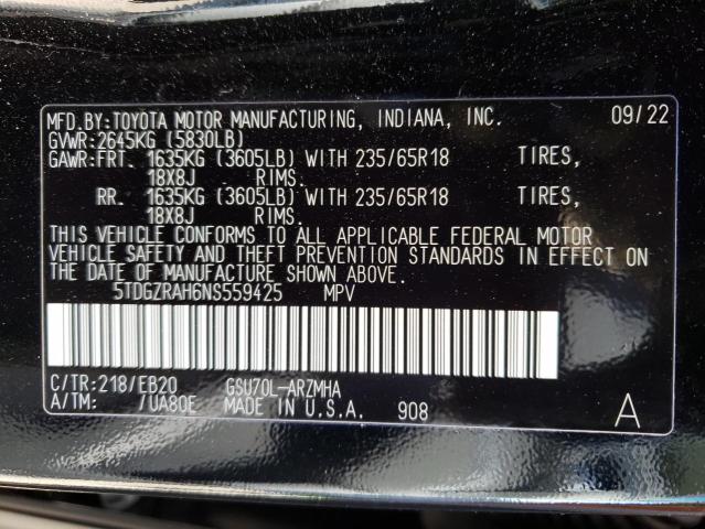 5TDGZRAH6NS559425 - 2022 TOYOTA HIGHLANDER XLE BLACK photo 13