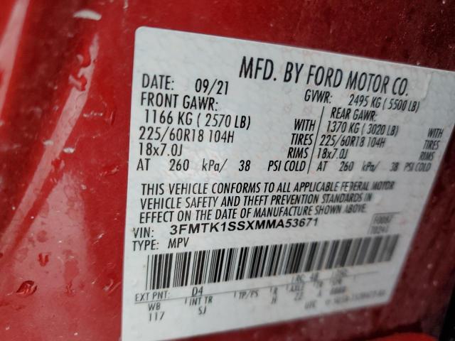 3FMTK1SSXMMA53671 - 2021 FORD MUSTANG MA SELECT RED photo 12