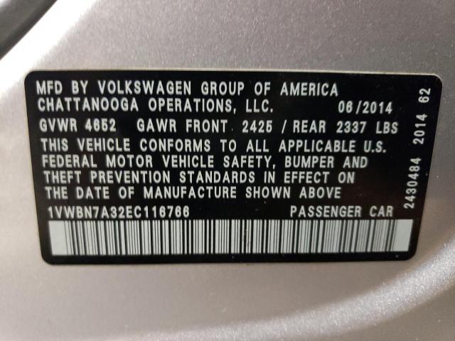 1VWBN7A32EC116766 - 2014 VOLKSWAGEN PASSAT SE SILVER photo 12