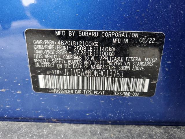 JF1VBAA60N9013753 - 2022 SUBARU WRX BLUE photo 12