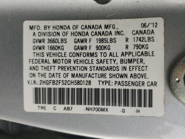 2HGFB2F52CH580128 - 2012 HONDA CIVIC LX SILVER photo 13