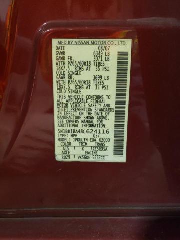 5N1BR18A48C624116 - 2008 NISSAN PATHFINDER LE BURGUNDY photo 14