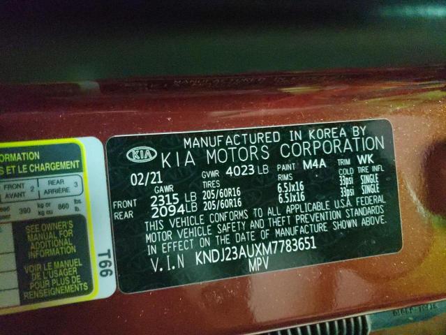 KNDJ23AUXM7783651 - 2021 KIA SOUL LX ORANGE photo 12