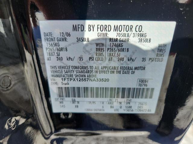 1FTPX12557NA33520 - 2007 FORD F150 BLACK photo 10