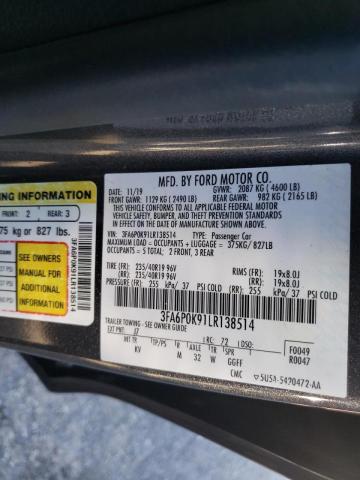 3FA6P0K91LR138514 - 2020 FORD FUSION TITANIUM GRAY photo 12