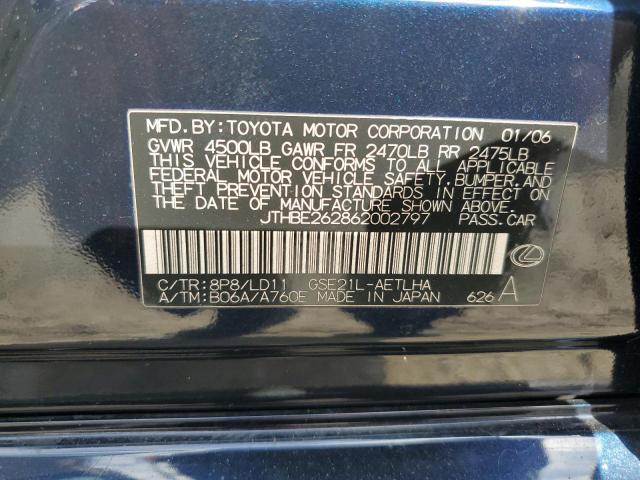 JTHBE262862002797 - 2006 LEXUS IS 350 BLUE photo 12