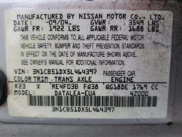 3N1CB51DX5L464397 - 2005 NISSAN SENTRA 1.8 SILVER photo 12