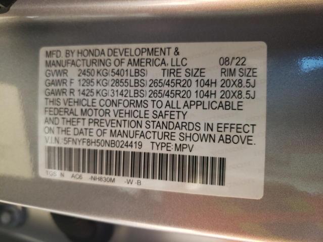 5FNYF8H50NB024419 - 2022 HONDA PASSPORT EXL Plata foto 13