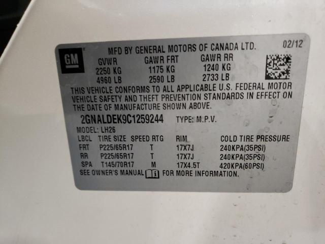 2GNALDEK9C1259244 - 2012 CHEVROLET EQUINOX LT WHITE photo 12