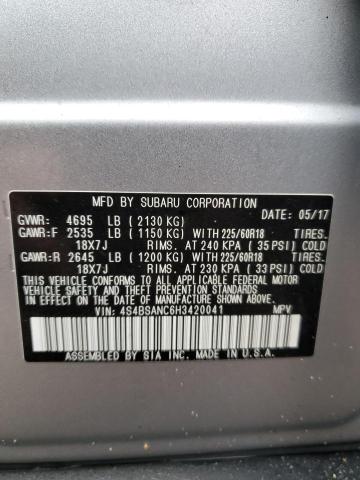 4S4BSANC6H3420041 - 2017 SUBARU OUTBACK 2.5I LIMITED GRAY photo 14