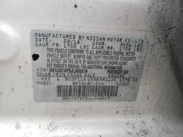 3N1CN7AP5JL866819 - 2018 NISSAN VERSA SILVER photo 13