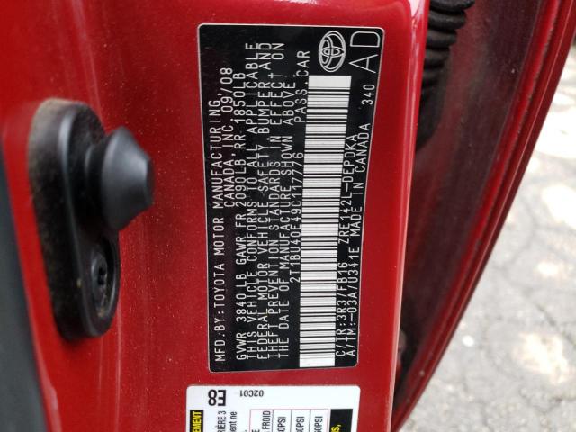 2T1BU40E49C117776 - 2009 TOYOTA COROLLA BASE RED photo 12