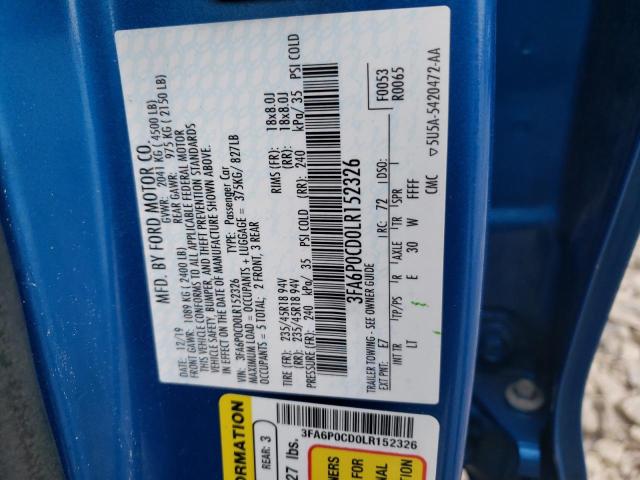 3FA6P0CD0LR152326 - 2020 FORD FUSION SEL BLUE photo 13