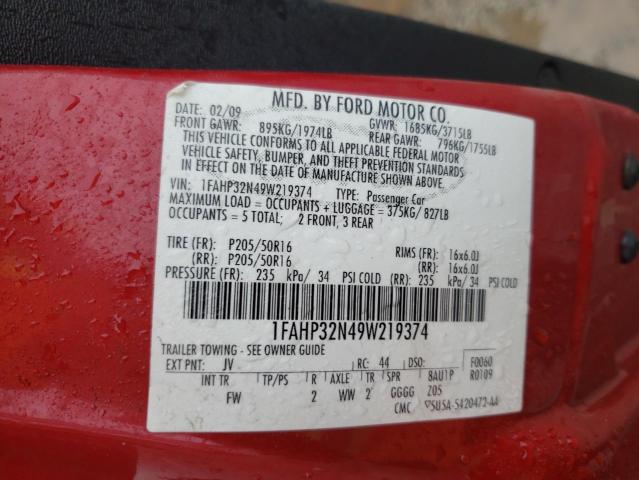 1FAHP32N49W219374 - 2009 FORD FOCUS SE RED photo 12