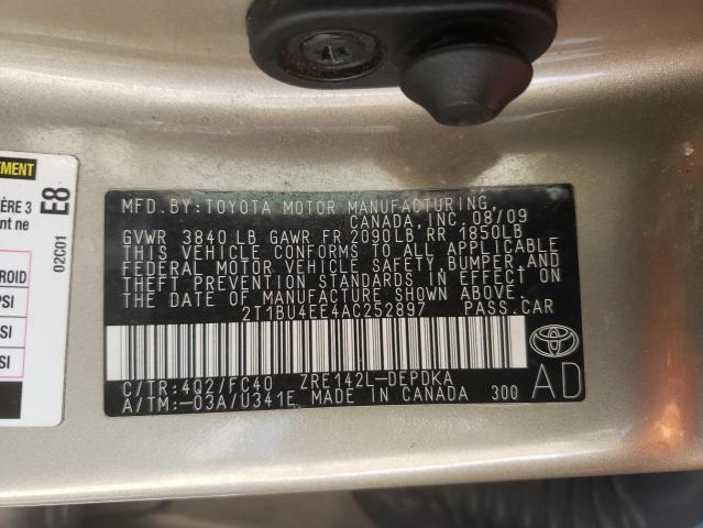 2T1BU4EE4AC252897 - 2010 TOYOTA COROLLA BASE TAN photo 12