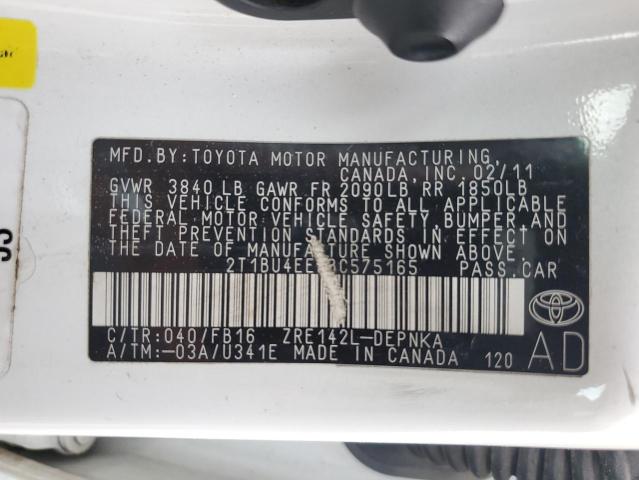 2T1BU4EE9BC575165 - 2011 TOYOTA COROLLA BASE GRAY photo 12