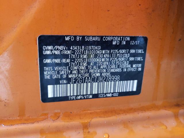 JF2GTAAC7JH278998 - 2018 SUBARU CROSSTREK ORANGE photo 12