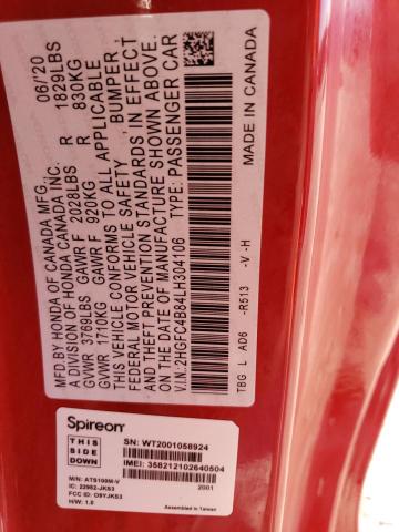 2HGFC4B84LH304106 - 2020 HONDA CIVIC SPORT 红色 照片 12