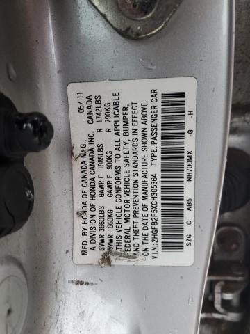 2HGFB2F5XCH305364 - 2012 HONDA CIVIC LX SILVER photo 12