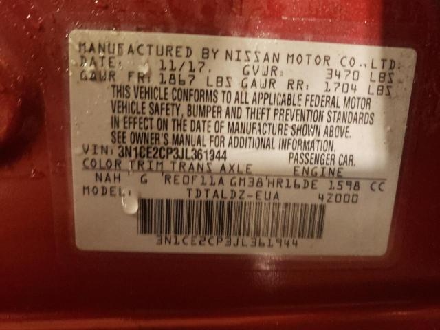 3N1CE2CP3JL361944 - 2018 NISSAN VERSA NOTE S BURGUNDY photo 14