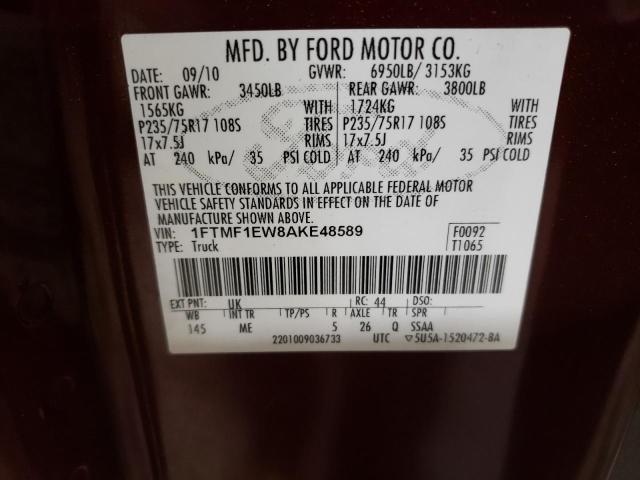 1FTMF1EW8AKE48589 - 2010 FORD F150 MAROON photo 12