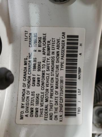 2HGFC2F73JH513811 - 2018 HONDA CIVIC EX WHITE photo 12