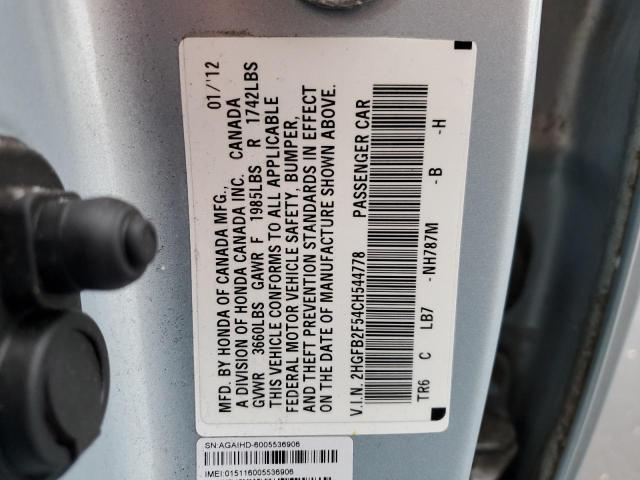 2HGFB2F54CH544778 - 2012 HONDA CIVIC LX BLUE photo 12