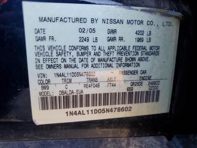 1N4AL11D05N478602 - 2005 NISSAN ALTIMA S BLUE photo 12