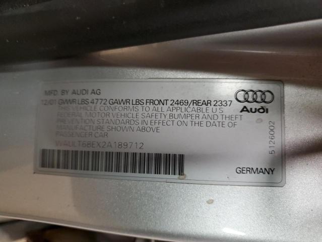 WAULT68EX2A189712 - 2002 AUDI A4 3.0 QUATTRO SILVER photo 12