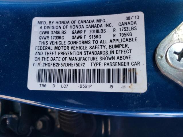 2HGFB2F57DH575072 - 2013 HONDA CIVIC LX BLUE photo 12