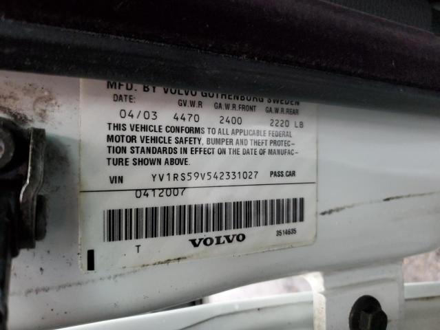 YV1RS59V542331027 - 2004 VOLVO S60 2.5T WHITE photo 12