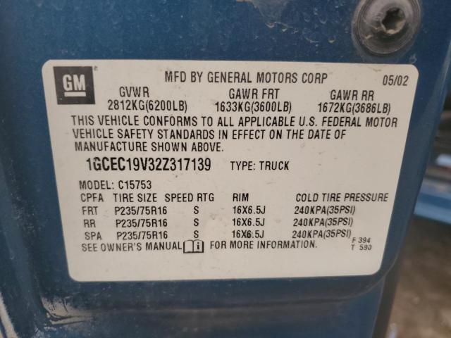 1GCEC19V32Z317139 - 2002 CHEVROLET SILVERADO C1500 BLUE photo 12