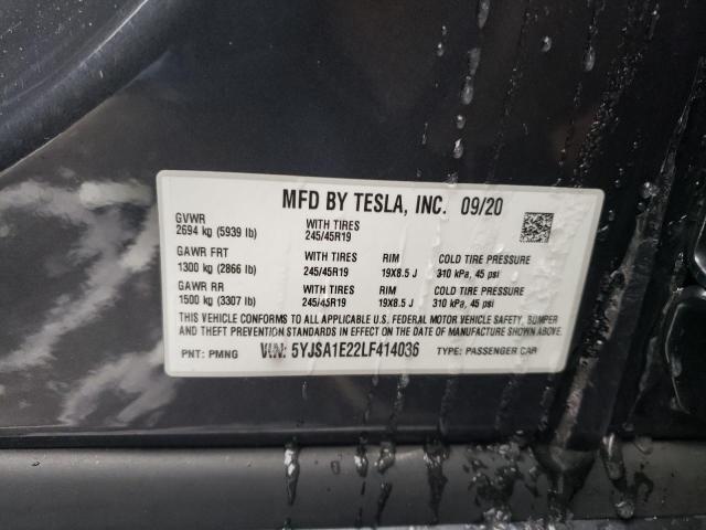 5YJSA1E22LF414036 - 2020 TESLA MODEL S GRAY photo 10