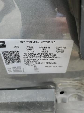 1GNSKDKL2NR102881 - 2022 CHEVROLET SUBURBAN K1500 Z71 GRAY photo 12