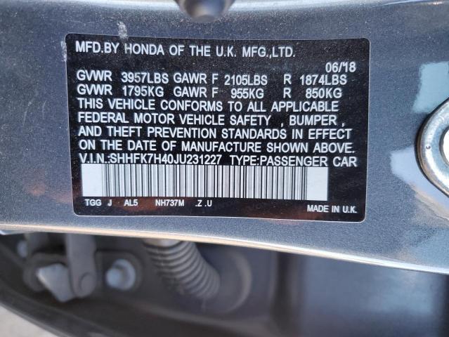 SHHFK7H40JU231227 - 2018 HONDA CIVIC SPORT GRAY photo 12