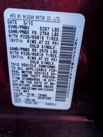 JN8AZ1MW1AW123050 - 2010 NISSAN MURANO S RED photo 13