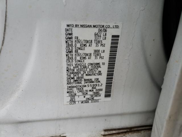 1N6BA07A16N559912 - 2006 NISSAN TITAN XE WHITE photo 12