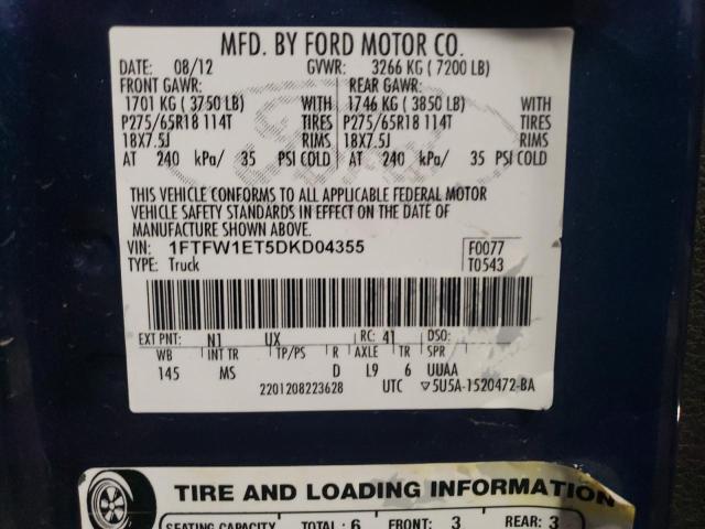 1FTFW1ET5DKD04355 - 2013 FORD F150 SUPERCREW BLUE photo 12