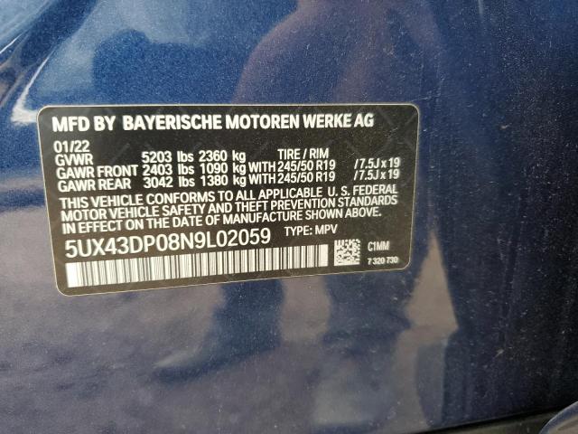 5UX43DP08N9L02059 - 2022 BMW X3 SDRIVE30I BLUE photo 12